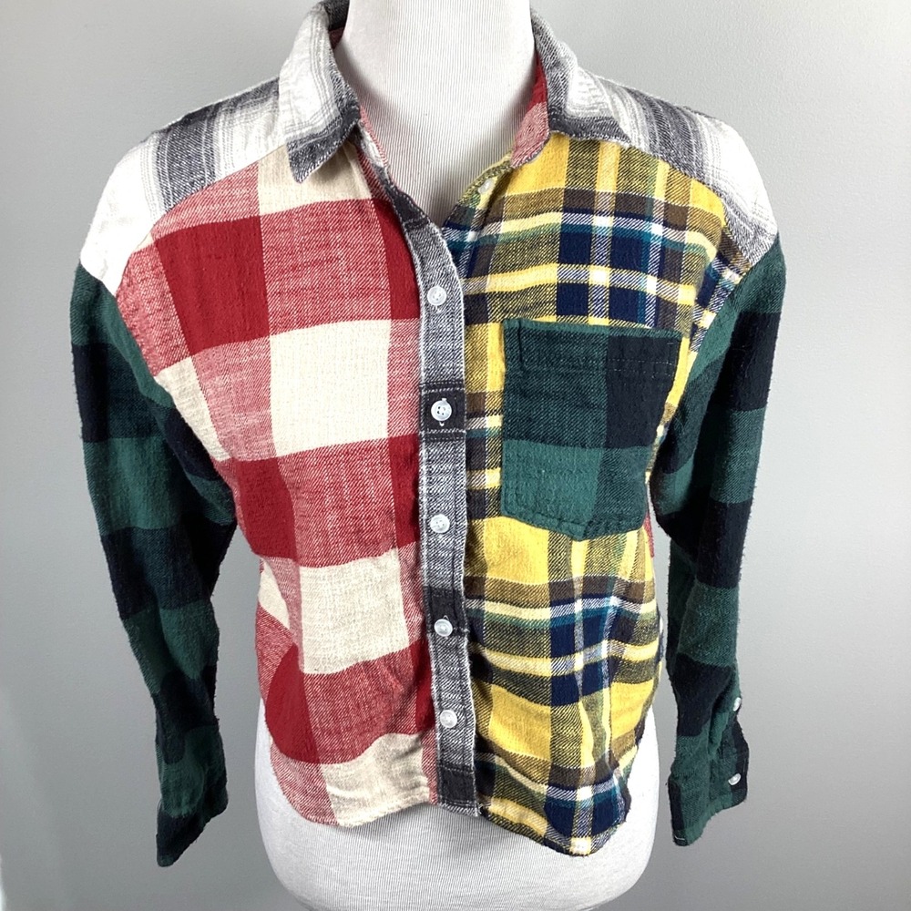 American Eagle Cozy Cabin Cropped Patchwork Plaid Flannel Shirt Grunge Womens XS